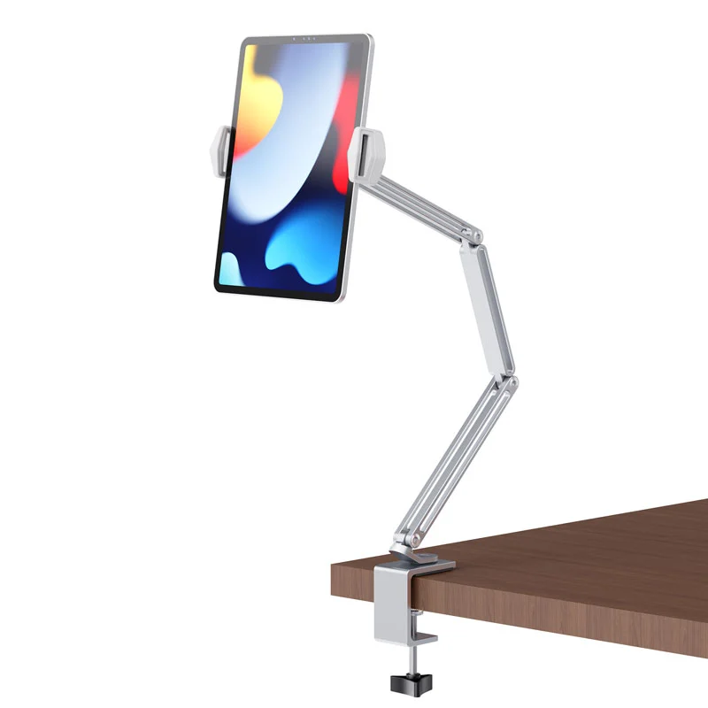 Tablet Desk Clamp Stand Long Arm 720° Swivel Compatible For 4"-13" Devices