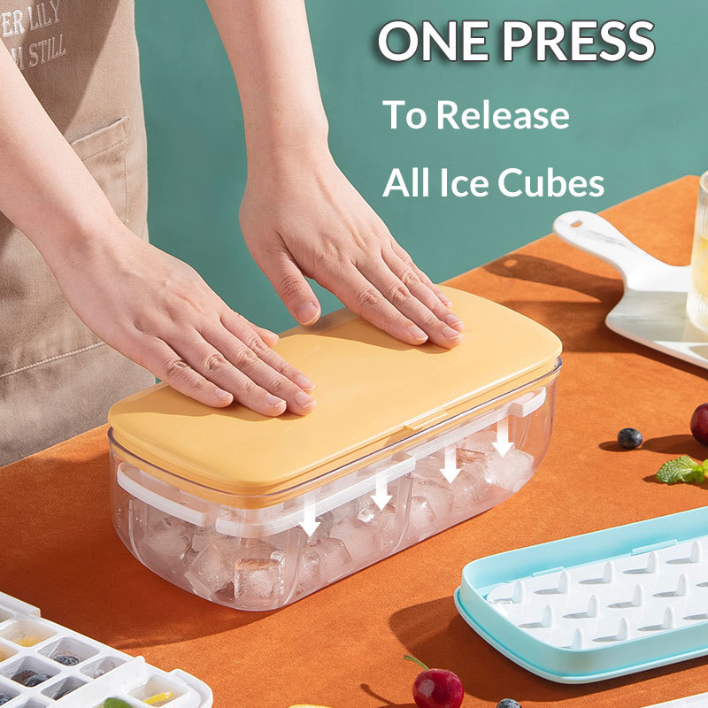 ONE PRESS RELEASE Ice Cube Trays With Lid, Bin, Scoop and Plate