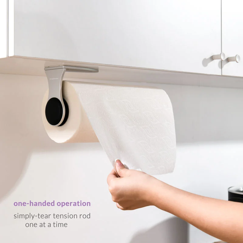 simpletome ONE HAND Simply-Tear Paper Towel Holder Under Cabinet, Wall Mount, Adhesive or Drilling, Stainless Steel + Aluminum Alloy + ABS