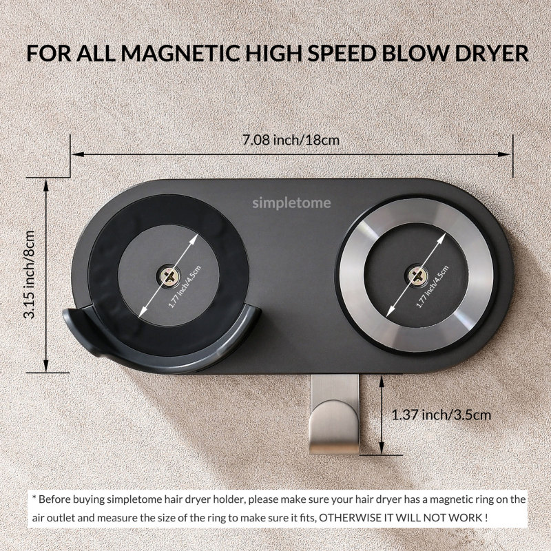 Universal Hair Dryer Holder Wall Mount for All Magnetic High Speed Blow Dryer with Plug Cord Organizer Hook