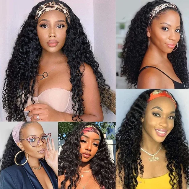 MARRYUU 180 Density Deep Wave Curly Headbands Human Hair Wigs Glueless Head Band Wigs Machine Made Wig Natural Color For Black Women