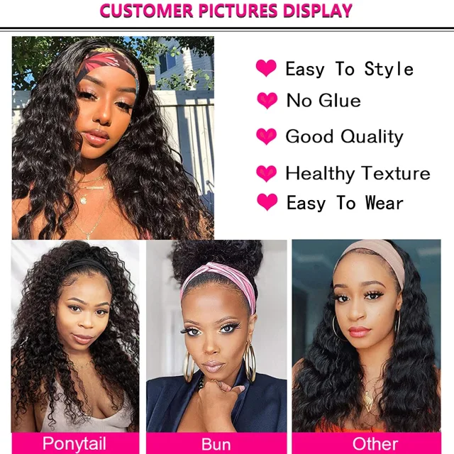 MARRYUU 180 Density Deep Wave Curly Headbands Human Hair Wigs Glueless Head Band Wigs Machine Made Wig Natural Color For Black Women
