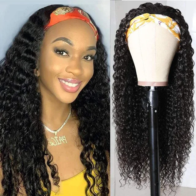 MARRYUU 180 Density Deep Wave Curly Headbands Human Hair Wigs Glueless Head Band Wigs Machine Made Wig Natural Color For Black Women