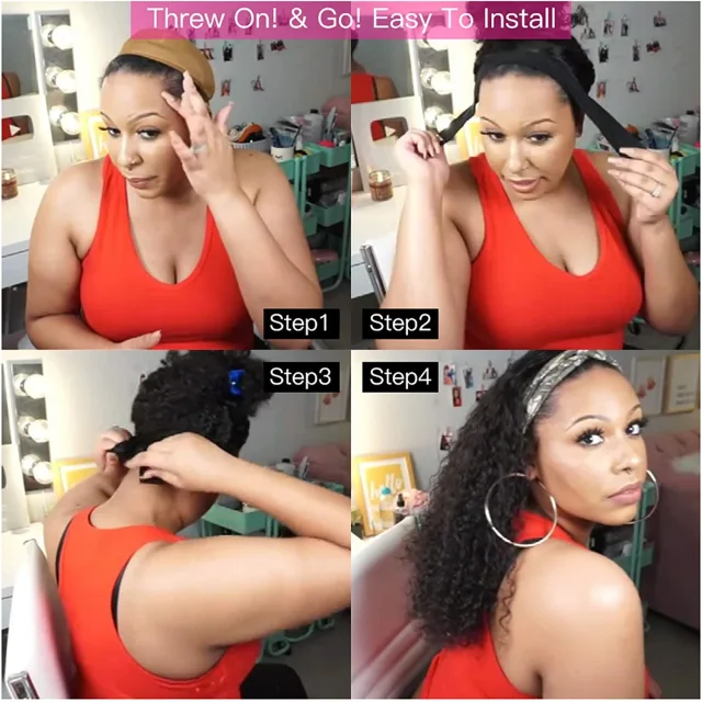 MARRYUU 180 Density Deep Wave Curly Headbands Human Hair Wigs Glueless Head Band Wigs Machine Made Wig Natural Color For Black Women