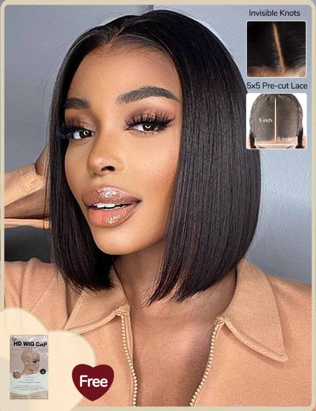 XYS Hair Closure Bob Wig Pre-Bleached  HD Lace Wig Straight Invisible Knots Wig