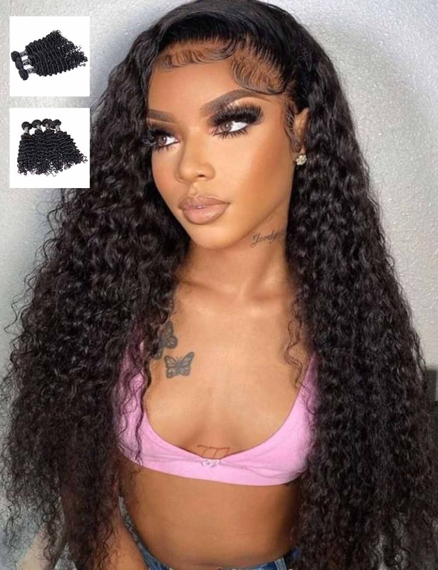 3/4 Bundlea Deal Deep Wave Natural Black 100% Human Hair Bundles