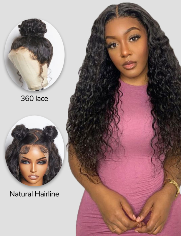 XYS Hair  360 Lace Long Wig Water Wave 100% Human Hair with Natural Hairline