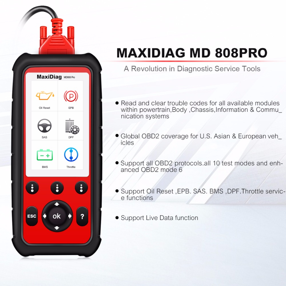Oil and Battery Reset Registration Autel MaxiDiag MD808 Pro with 5ft Extension Cable All System OBDII Scanner Advanced MaxiCheck Pro and MD802 Parking Brake Pad Relearn,SAS,SRS,ABS,EPB,DPF,BMS 