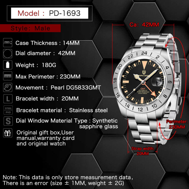 PAGANI DESIGN Men's Automatic Watches PD1693 GMT Mechanical Stainless Steel Wrist Watches for Men 200M Waterproof