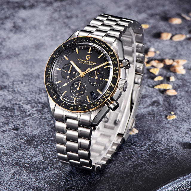 PAGANI DESIGN Men's Quartz Watches PD1701 Moon Watch Homage 40mm Chronograph Stainless Steel 100M Waterproof Wrist Watch for Men full Steel Bracelet