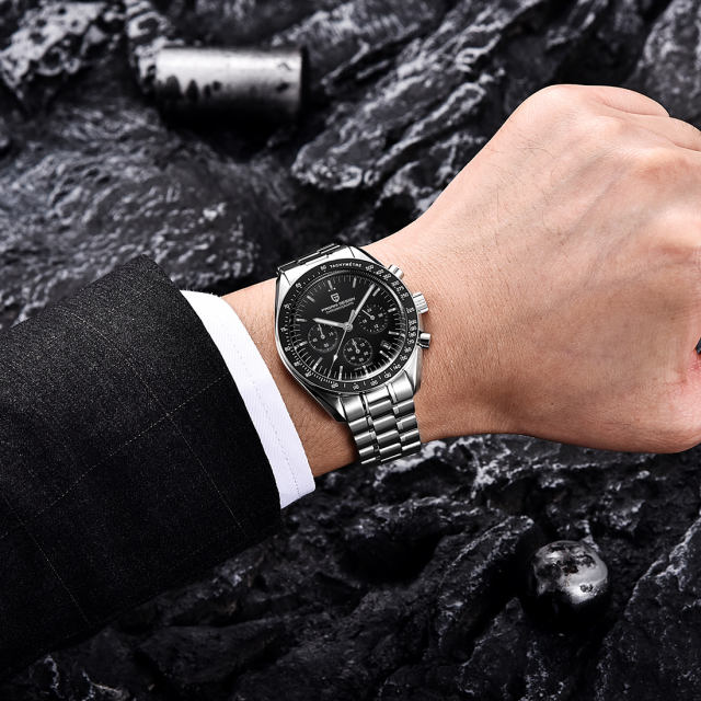 PAGANI DESIGN Men's Quartz Watches PD1701 Moon Watch Homage 40mm Chronograph Stainless Steel 100M Waterproof Wrist Watch for Men full Steel Bracelet