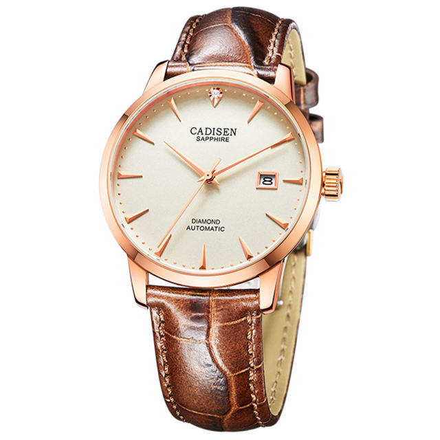 CADISEN Men Watches 40mm Automatic Mechanical Wrist Watch MIYOTA 9015 Diamond Watch Curved Sapphire Glass Clock Leather Watchband