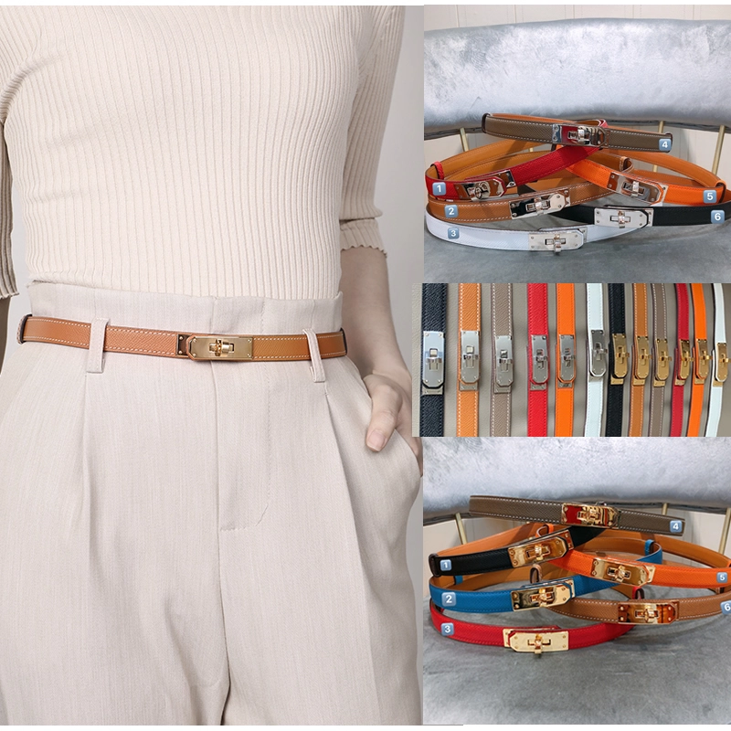 Retractable high quality steel buckle fine belt lady skirt leather palmprint head layer leather trim waist suit belt