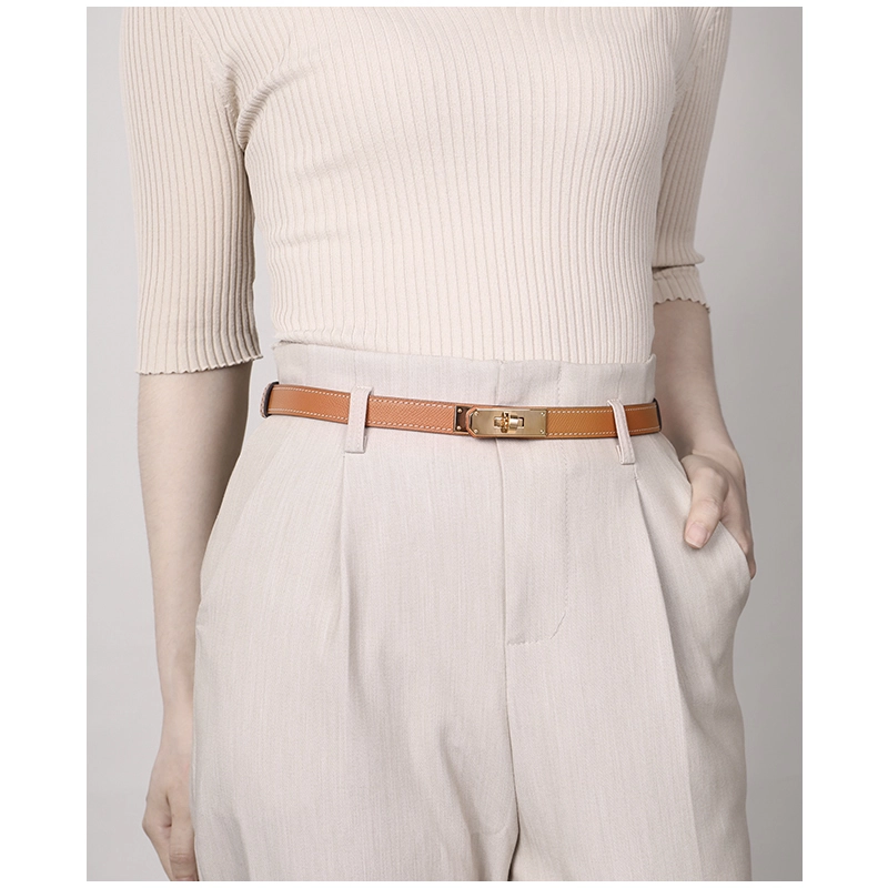 Retractable high quality steel buckle fine belt lady skirt leather palmprint head layer leather trim waist suit belt