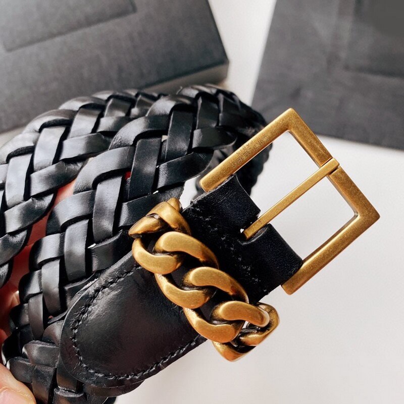 Leather braid 3.0 leather belt pin buckle copper chain link Thin belt Braid leather top layer leather hand leather belt