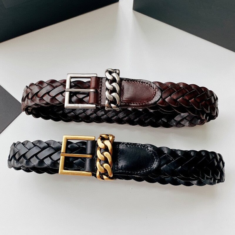 Leather braid 3.0 leather belt pin buckle copper chain link Thin belt Braid leather top layer leather hand leather belt