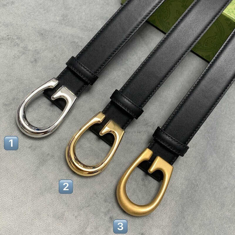 Simple 3.0 with belt Women's casual waist belt denim edition plain double layer cowhide belt round G buckle belt
