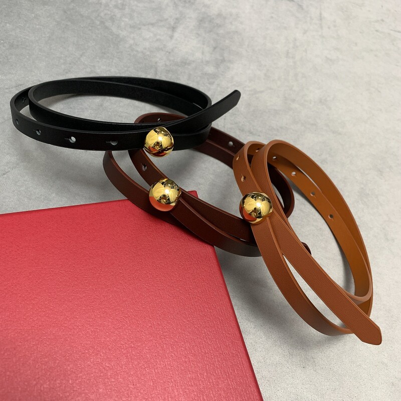 Girdle women's head layer cowhide leather high texture women's round bead buckle small waist belt belt waist cover light luxury