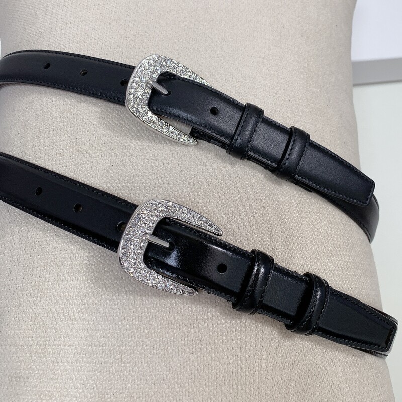 Fashion Diamond Buckle 2.5 calfskin Belt All Match Women's Flash Diamond needle head belt Stylish waistband with waistband