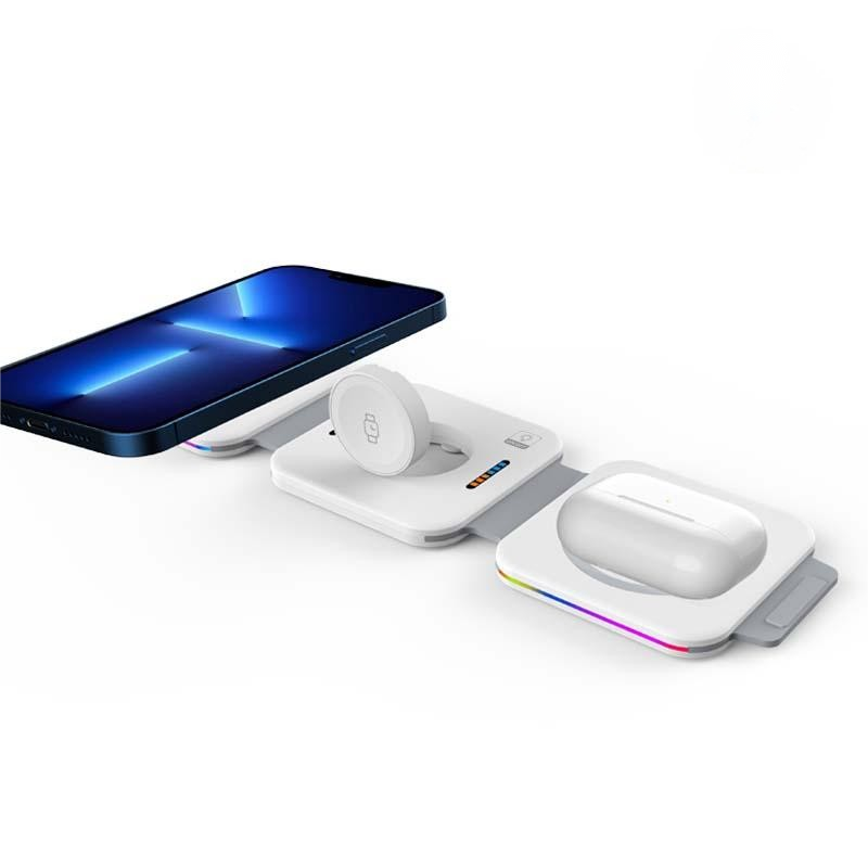 3-in-1 Magnetic wireless charger mobile phone wireless headset smart watch wireless charging folding bracket RGB lamp thin wireless charger
