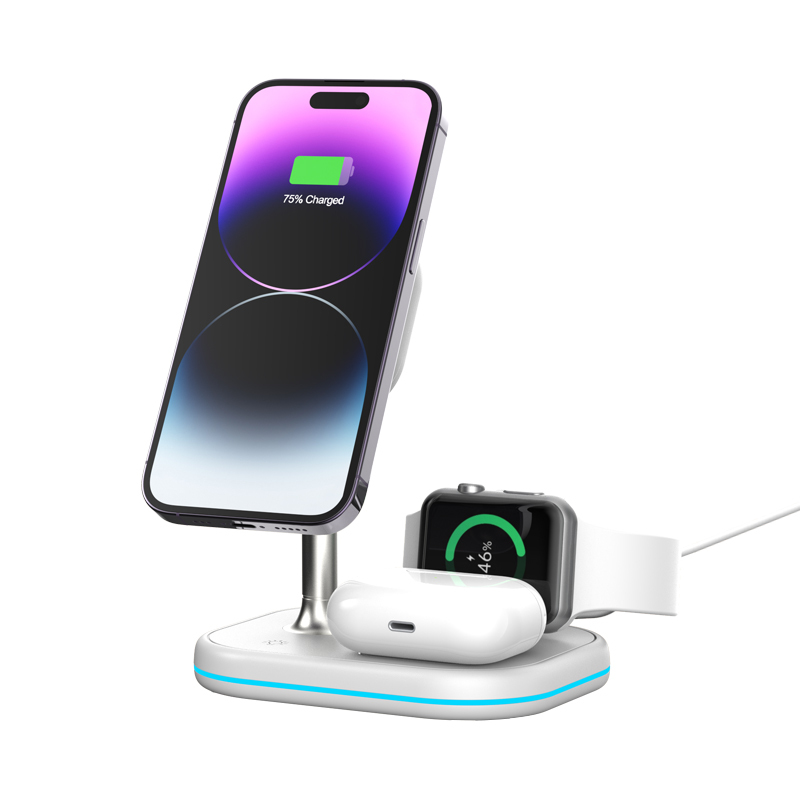 Three-in-one magnetic wireless charger vertical bracket mobile phone 15W wireless fast charging multi-device simultaneous charging adjustable LED charging lamp