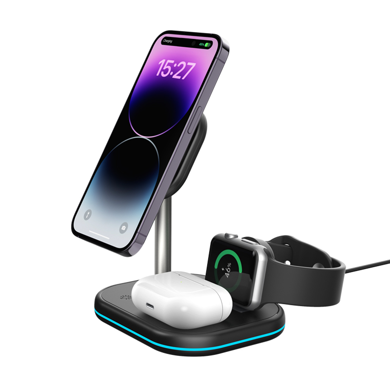 Three-in-one magnetic wireless charger vertical bracket mobile phone 15W wireless fast charging multi-device simultaneous charging adjustable LED charging lamp