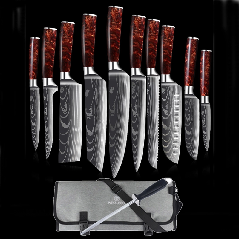 Japanese Laser Damascus Pattern Red Kitchen Knife Set & Scabbard