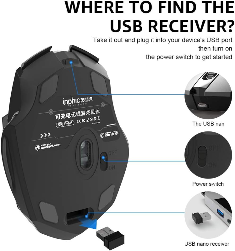 INPHIC Wireless Mouse, Large Ergonomic Rechargeable 2.4G Optical PC Laptop Cordless Mice 500mAh with USB Nano Receiver, for Windows Computer Office, Grey