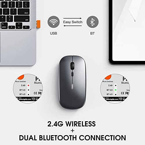 INPHIC PM1BS Bluetooth Mouse, Tri-mode Slim Silent Rechargeable Bluetooth Wireless  Mouse (BT5.0/BT4.0/2.4G USB), 1600DPI Portable Mouse for Laptop PC  Computer, Mac,Android, MacBook,iPadOS, Gray