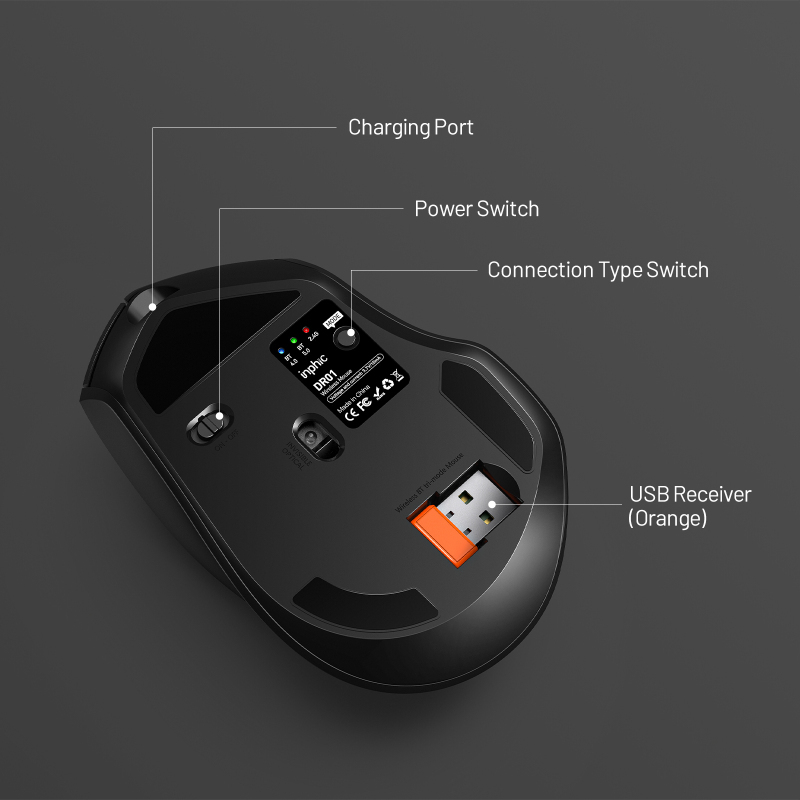 Bluetooth Mouse Rechargeable, Inphic 2.4G Wireless Mouse Silent, 3 Modes (Bluetooth 5.0/4.0+USB) Multi-Device Connection, Ergonomic Mouse for Laptop Desktop Mac Android Windows, Black