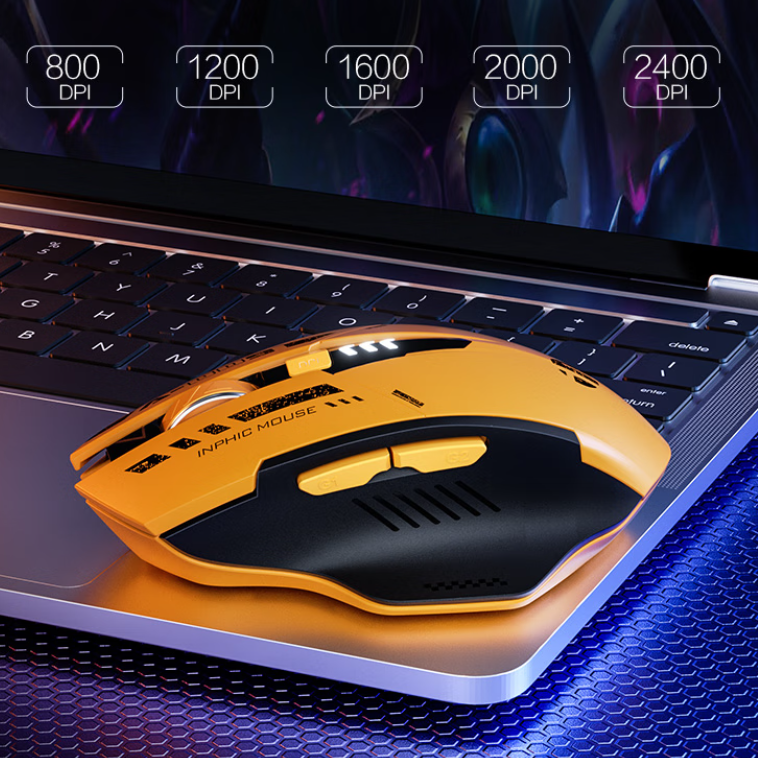 INPHIC Bluetooth Mouse, Rechargeable Ergonomic Silent Mice with 3 Modes (Bluetooth 5.0/4.0+USB) Multi-Device Connection, Mecha Style Mouse Wireless for Laptop Computer Mac MacBook, Yellow & Black