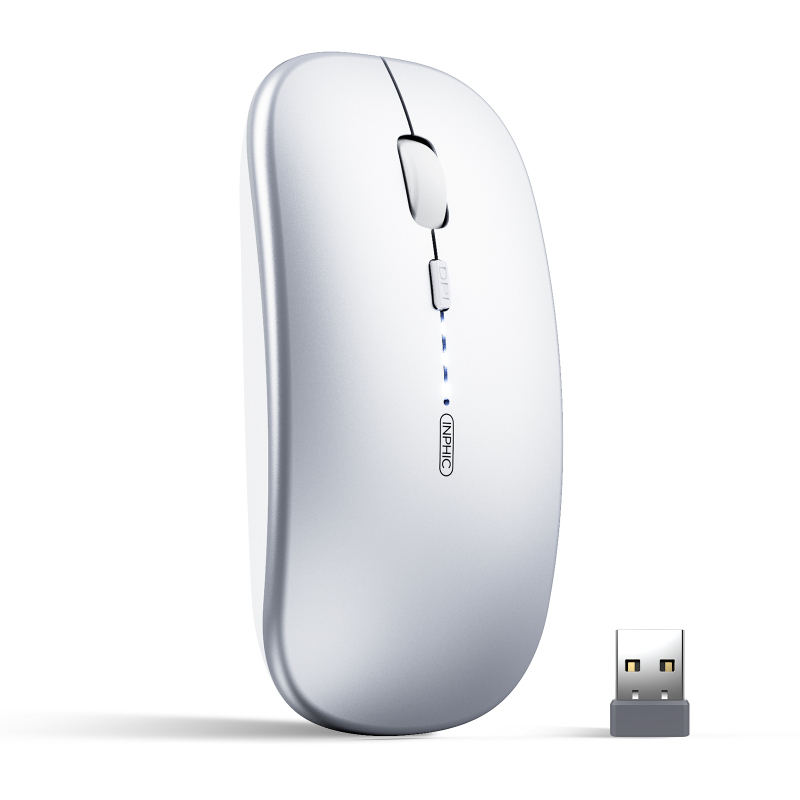 Bluetooth Mouse, INPHIC Multi-Device Slim Silent Rechargeable Bluetooth Wireless Mouse (Tri-Mode: BT 5.0/4.0+2.4G), 1600DPI Portable Mouse for iPad MacBook Laptop Android Tablet Windows PC, Silver