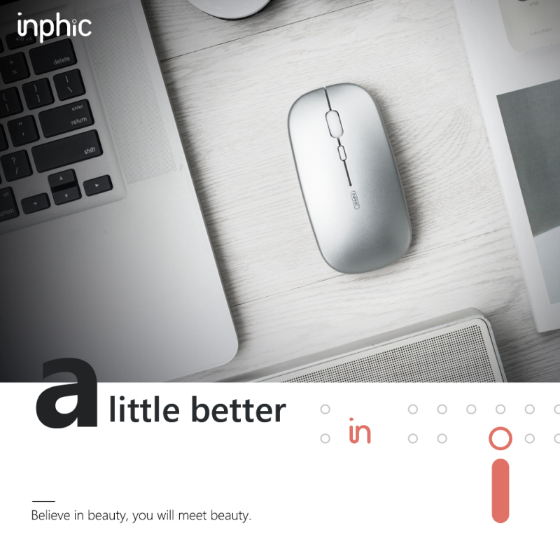 Wireless Mouse,Rechargeale & Noiseless, Inphic Ultra Slim USB 2.4G PC Computer Laptop Cordless Mice with USB Nano Receiver, 1600 DPI Travel Mouse for Office Windows Mac Linux Macbook, Silver