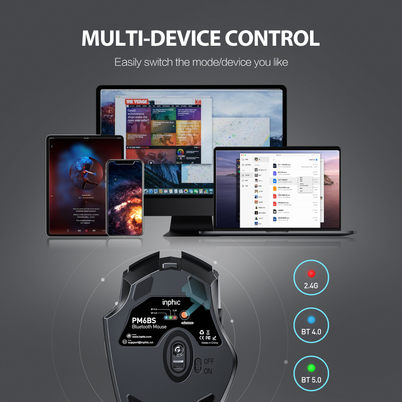 Bluetooth Mouse, Inphic Multi-Device Silent Rechargeable Bluetooth Wireless Mouse (Tri-Mode: BT 5.0/4.0+2.4G), 1600DPI Ergonomic Portable Mouse for Laptop PC Computer,Windows Mac OS, Black