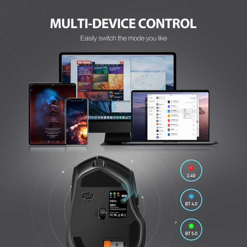 Bluetooth Mouse Rechargeable, Inphic 2.4G Wireless Mouse Silent, 3 Modes (Bluetooth 5.0/4.0+USB) Multi-Device Connection, Ergonomic Mouse for Laptop Desktop Mac Android Windows, Black