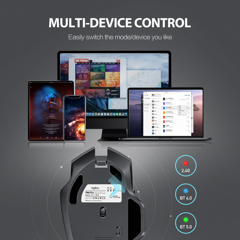 INPHIC PM6Pro Bluetooth Mouse [Upgraded: Battery Level Visible], Inphic Rechargeable Wireless Mouse Multi-Device (Tri-Mode:BT 5.0/3.0+2.4Ghz) with Silent,Grey