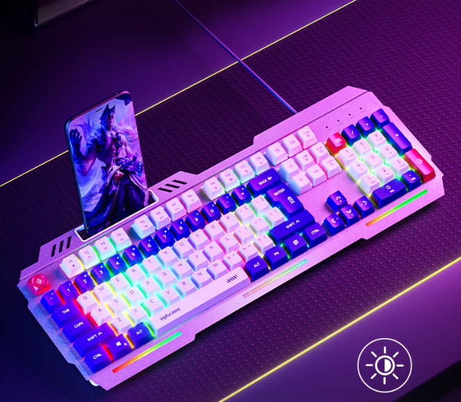 INPHIC K9 Computer Wired Keyboard, Full Size USB Keyboard with 104 Keys, Wired Gaming Luminous Metal Panel 26 Keys Punchless Mech Keyboard Adaptable to Desktop PCs, Laptops, Blue and White Mechs
