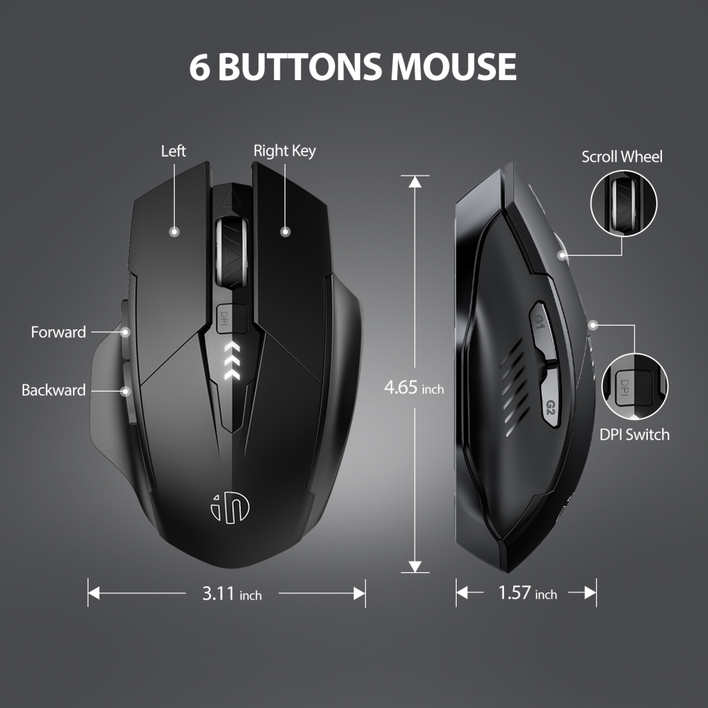 INPHIC Wireless Mouse, [Upgraded: Battery Level Visible] Large Ergonomic Rechargeable 2.4G Optical PC Laptop Cordless Mice with USB Nano Receiver, Black