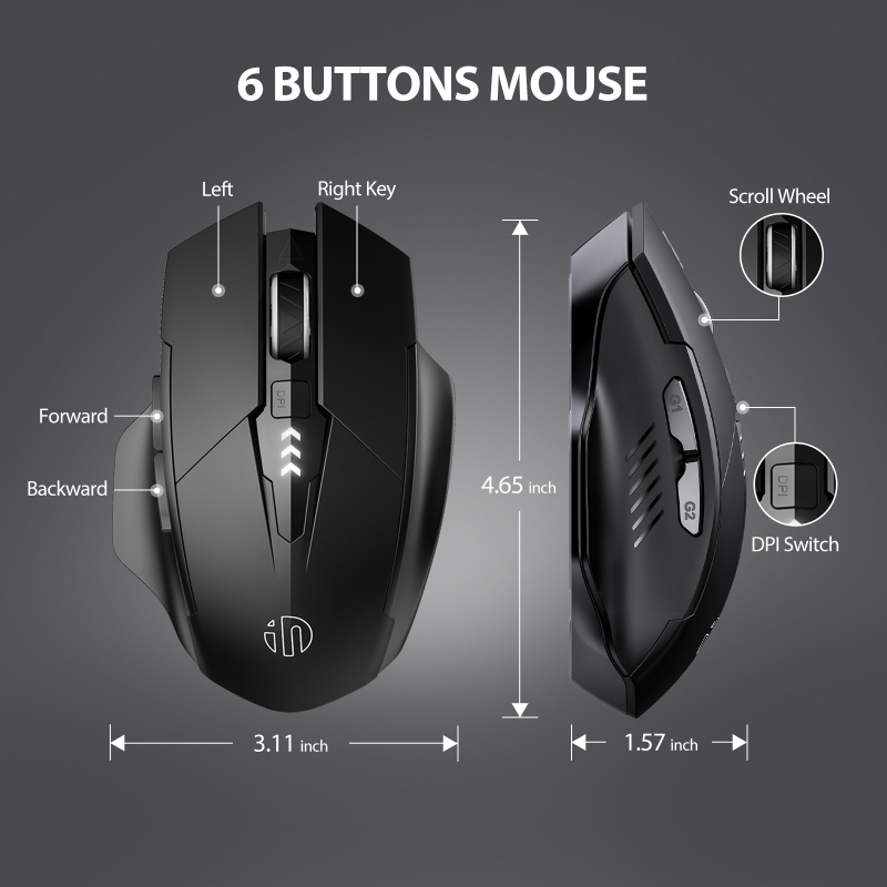 INPHIC Wireless Mouse, [Upgraded: Battery Level Visible] Large Ergonomic Rechargeable 2.4G Optical PC Laptop Cordless Mice with USB Nano Receiver, Black