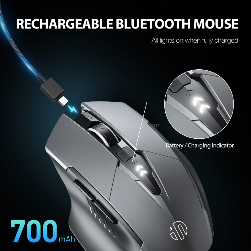 INPHIC PM6Pro Bluetooth Mouse [Upgraded: Battery Level Visible], Inphic Rechargeable Wireless Mouse Multi-Device (Tri-Mode:BT 5.0/3.0+2.4Ghz) with Silent,Grey