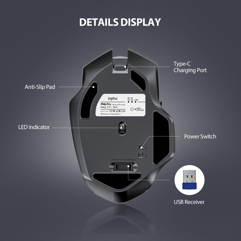INPHIC PM6Pro Bluetooth Mouse [Upgraded: Battery Level Visible], Inphic Rechargeable Wireless Mouse Multi-Device (Tri-Mode:BT 5.0/3.0+2.4Ghz) with Silent,Grey