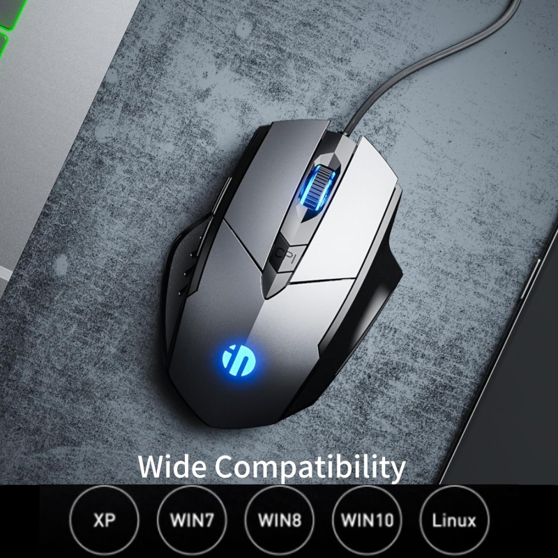 INPHIC W1 Wired Gaming Mouse, Silent Click and Programable, 3200DPI, 6-Button, Corded Mouse for PC Computer Laptop MacBook Office &amp; Game, Black