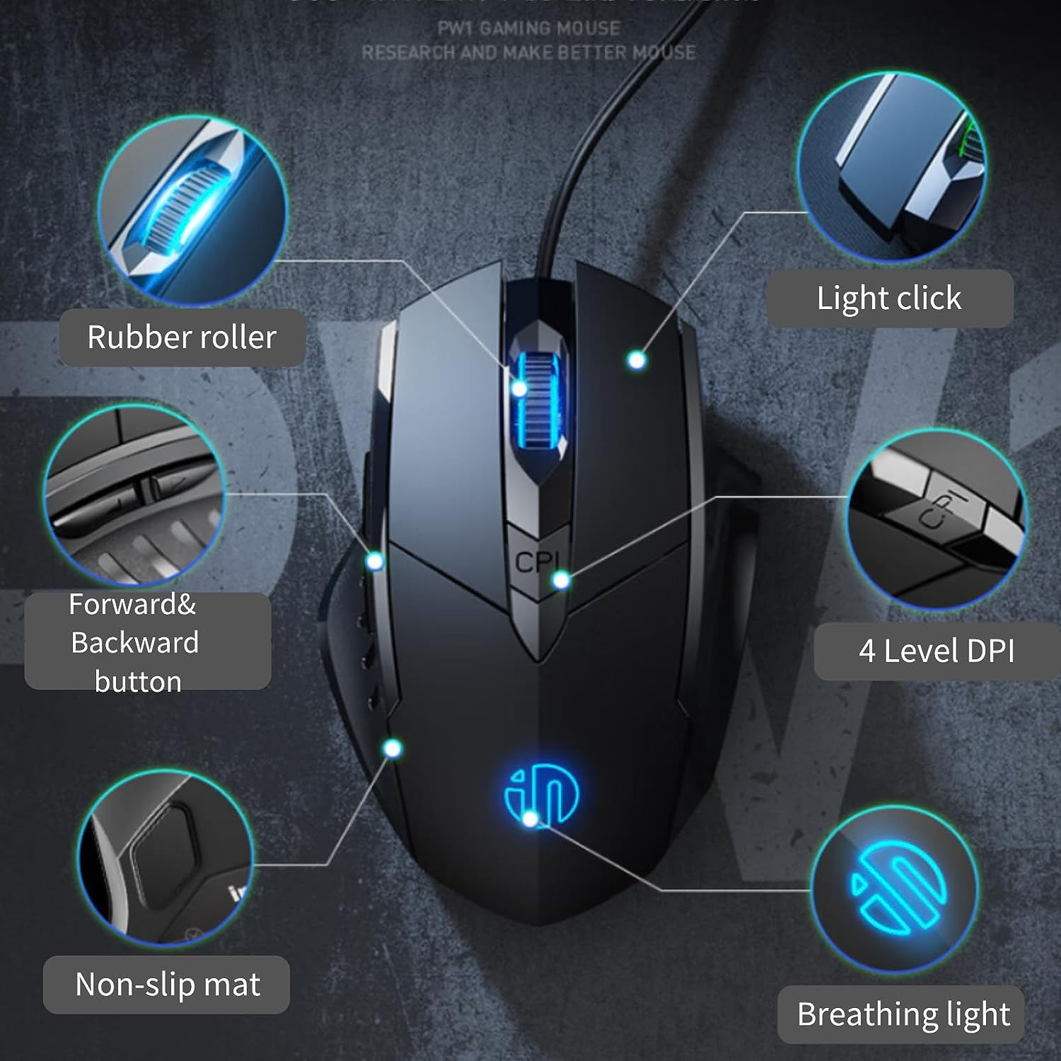 INPHIC W1 Wired Gaming Mouse, Silent Click and Programable