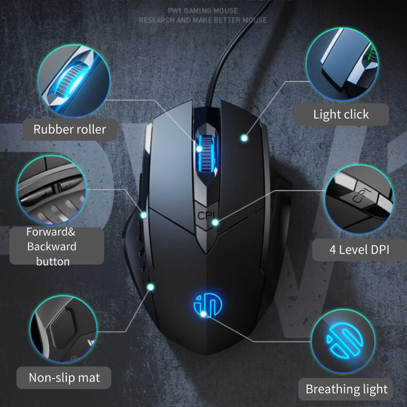 INPHIC W1 Wired Gaming Mouse, Silent Click and Programable, 3200DPI, 6-Button, Corded Mouse for PC Computer Laptop MacBook Office & Game, Black