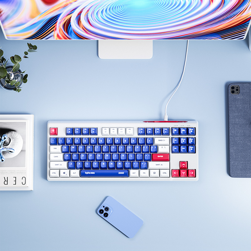 INPHIC K9 Ⅱ Computer Wired Keyboard, Full Size Keyboard with 87 Keys, Wired Gaming Luminous Metal Panel 26 Keys Punchless Mech Keyboard Adaptable to Desktop PCs, Laptops, White and Blue Mechs