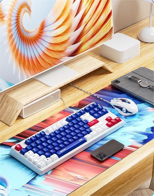 INPHIC K9 Ⅱ Computer Wired Keyboard, Full Size Keyboard with 87 Keys, Wired Gaming Luminous Metal Panel 26 Keys Punchless Mech Keyboard Adaptable to Desktop PCs, Laptops, White and Blue Mechs