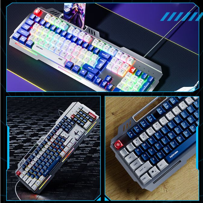 INPHIC K9 Computer Wired Keyboard, Full Size Keyboard with 104 Keys, Wired Gaming Luminous Metal Panel 26 Keys Punchless Mech Keyboard Adaptable to Desktop PCs, Laptops, White and Blue Mechs