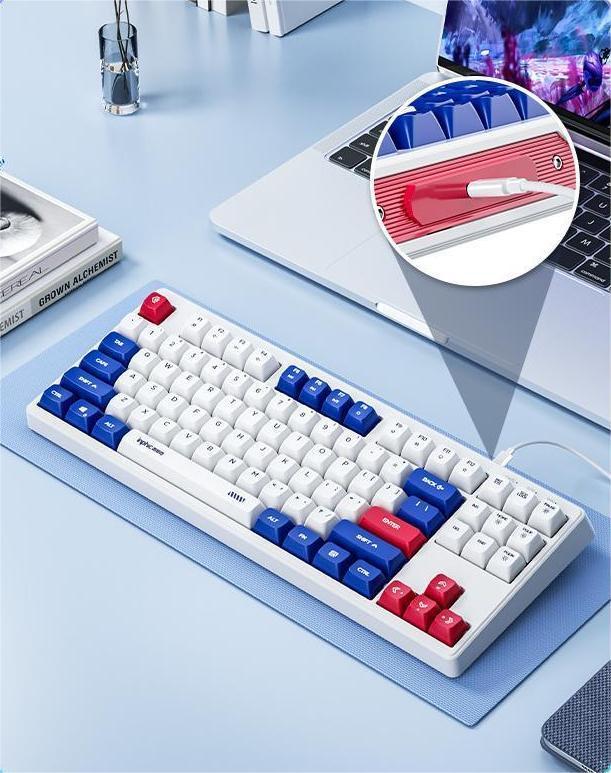 INPHIC K9 Ⅱ Computer Wired Keyboard, Full Size Keyboard with 87 Keys, Wired Gaming Luminous Metal Panel 26 Keys Punchless Mech Keyboard Adaptable to Desktop PCs, Laptops, White and Blue Mechs