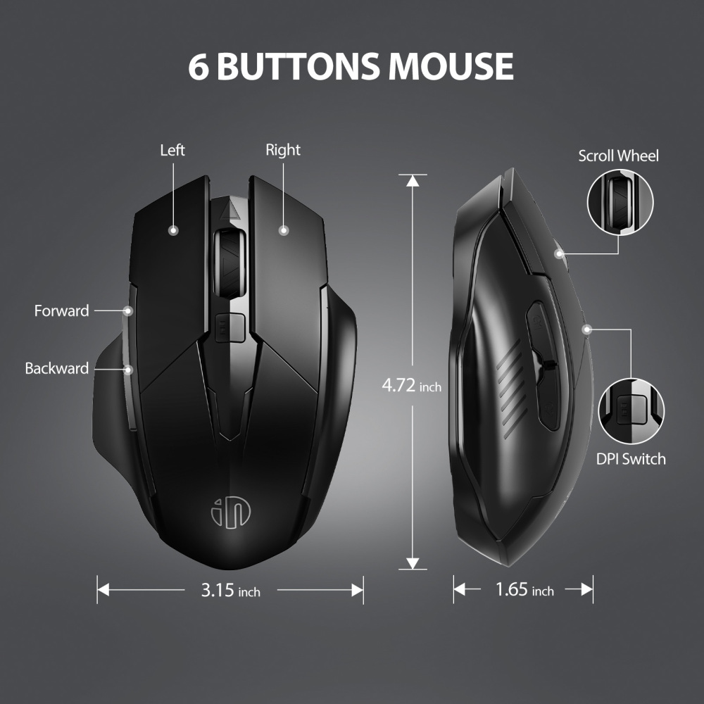 INPHIC F1 Wireless Mouse 500mAh Large Ergonomic Rechargeable 2.4G Optical PC Laptop Cordless Mice with USB Nano Receiver, for Windows Computer Office, Black