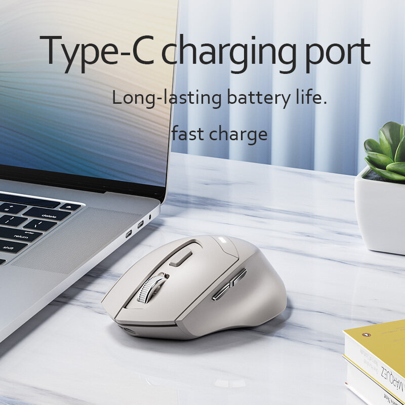 INPHIC DR6 Bluetooth Mouse Rechargeable 2.4G+Bluetooth 5.0/4.0 Tri-Modes Wireless Mouse 1600dpi Mute Ergonomic Mouse for iPad Laptop Desktop Mac Android Windows, apricot white